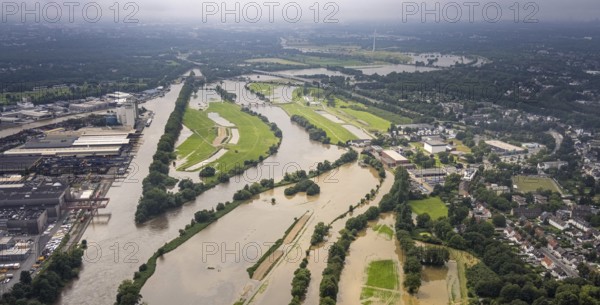 Aerial photograph, Ruhr floods, floods at the Styrum waterworks, Styrum - South, Mülheim an der Ruhr, Ruhr area, North Rhine-Westphalia, Germany, DE, Europe, birds-eyes view, aerial photograph, aerial photography, aerial photography, overview, bird's eye view, floods, floods of the century