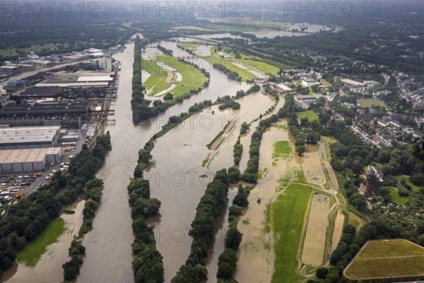 Aerial photograph, Ruhr floods, floods at the Styrum waterworks, Styrum - South, Mülheim an der Ruhr, Ruhr area, North Rhine-Westphalia, Germany, DE, Europe, birds-eyes view, aerial photograph, aerial photography, aerial photography, overview, bird's eye view, floods, floods of the century
