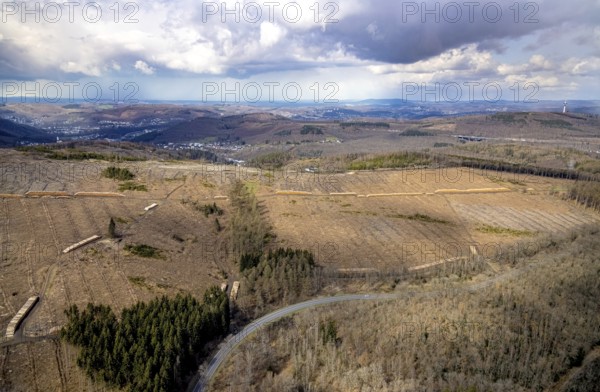 Forest damage and clear-cutting, Eisern, Siegen, Siegerland, North Rhine-Westphalia, Germany, tree mortality, DE, Europe, distant view, timber storage, clear-cutting, aerial view, aerial photography, aerial photography, overview, bird's-eye view, forest, forest area, forest damage, forest mortality, birds-eyes view, overview