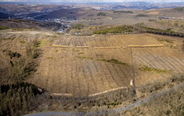 Forest damage and clear-cutting, Eisern, Siegen, Siegerland, North Rhine-Westphalia, Germany, tree mortality, DE, Europe, distant view, timber storage, clear-cutting, aerial view, aerial photography, aerial photography, overview, bird's-eye view, forest, forest area, forest damage, forest mortality, birds-eyes view, overview