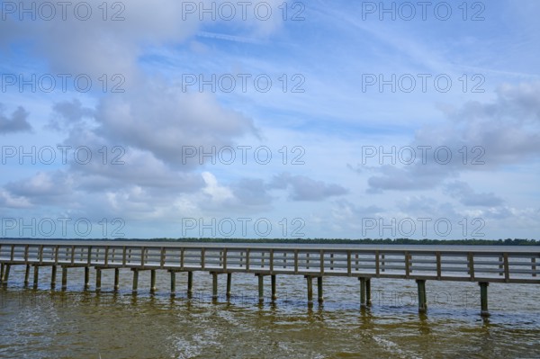 A long wooden footbridge leads over the water, the sky is cloudy, West Lake View Point, Everglades National Park, Florida, USA