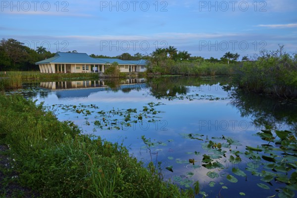 A house by a pond with water reflections and peaceful surroundings, Royal Palm Visitor Centre, Anhinga Trail, Everglades National Park, Florida, USA