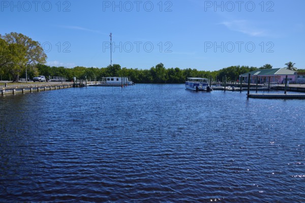Open harbour with several boats and clear sky, Flamingo, Marina, Everglades National Park, Florida, USA