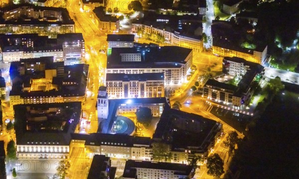 Aerial view, historic town hall, Altstadt I, Mülheim an der Ruhr, Ruhr area, North Rhine-Westphalia, Germany, authority, DE, twilight photography, Europe, light pollution, aerial photography, aerial photography, night, night shot, night flight, town hall, tower, overview, administrative building complex, bird's eye view, illuminated streets, birds-eyes view, nightflight, overview