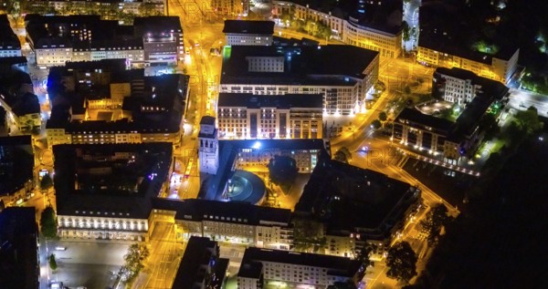 Aerial view, historic town hall, Altstadt I, Mülheim an der Ruhr, Ruhr area, North Rhine-Westphalia, Germany, authority, DE, twilight photography, Europe, light pollution, aerial photography, aerial photography, night, night shot, night flight, town hall, tower, overview, administrative building complex, bird's eye view, illuminated streets, birds-eyes view, nightflight, overview