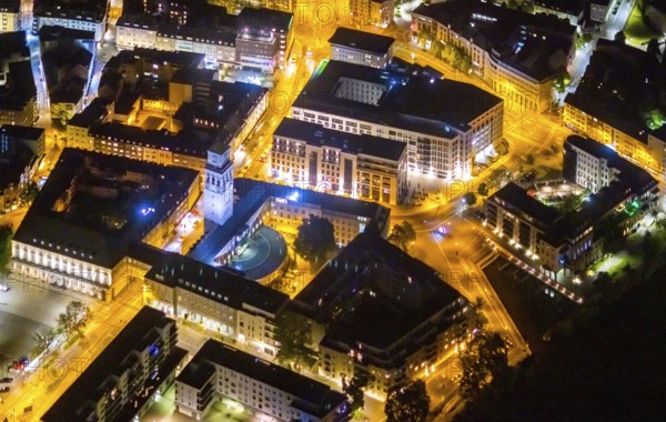 Aerial view, historic town hall, Altstadt I, Mülheim an der Ruhr, Ruhr area, North Rhine-Westphalia, Germany, authority, DE, twilight photography, Europe, light pollution, aerial photography, aerial photography, night, night shot, night flight, town hall, tower, overview, administrative building complex, bird's eye view, illuminated streets, birds-eyes view, nightflight, overview