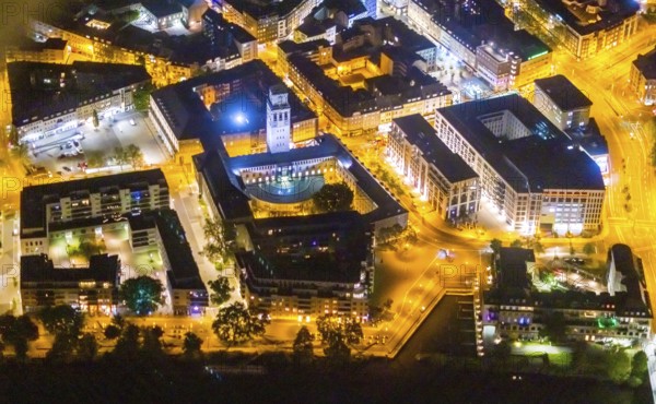 Aerial view, historic town hall, Altstadt I, Ruhrbania, Mülheim an der Ruhr, Ruhr area, North Rhine-Westphalia, Germany, authority, DE, twilight photography, Europe, light pollution, aerial photography, aerial photography, night, night photography, night flight, town hall, tower, overview, administrative building complex, bird's eye view, illuminated streets, birds-eyes view, nightflight, overview