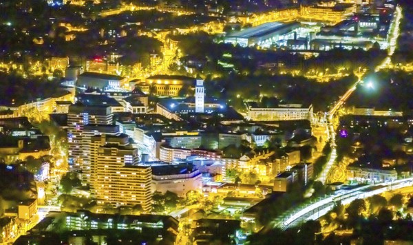 Aerial view, Technical Town Hall and Forum City Mülheim shopping centre Hans-Böckler-Platz, historic town hall, Altstadt II, Mülheim an der Ruhr, Ruhr area, North Rhine-Westphalia, Germany, authority, DE, twilight photography, shopping centre, shopping square, shopping centre, Europe, central station, skyscrapers, light pollution, aerial view, aerial photography, aerial photography, night, night shot, night flight, cycle highway, town hall, shopping, shopping centre, tower, overview, bird's-eye view, illuminated streets, birds-eyes view, nightflight, overview