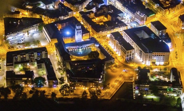 Aerial view, historic town hall, Altstadt I, Ruhrbania, Mülheim an der Ruhr, Ruhr area, North Rhine-Westphalia, Germany, authority, DE, twilight photography, Europe, light pollution, aerial photography, aerial photography, night, night photography, night flight, town hall, tower, overview, administrative building complex, bird's eye view, illuminated streets, birds-eyes view, nightflight, overview