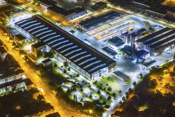 Aerial view, Ruhrbahn GmbH depot, Broich - Ost, Mülheim an der Ruhr, Ruhr area, North Rhine-Westphalia, Germany, DE, twilight photography, Europe, commercial enterprises, commercial area, commercial location, commercial use, industrial area, industrial location, light pollution, aerial photograph, aerial photography, aerial photography, night, night photography, night flight, overview, bird's-eye view, illuminated streets, birds-eyes view, nightflight, overview