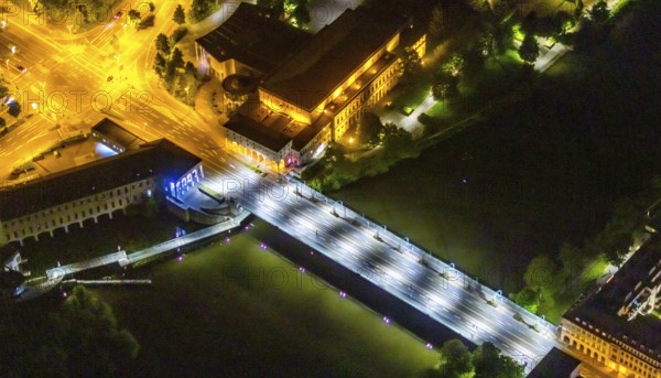 Aerial view, castle bridge over the river Ruhr, civic hall Mülheim, RWW Rheinisch-Westfälische Wasserwerksgesellschaft, Altstadt I, Mülheim an der Ruhr, Ruhr area, North Rhine-Westphalia, Germany, bridge, DE, twilight photography, Europe, culture, art, light pollution, aerial photograph, aerial photography, aerial photography, night, night photography, night flight, overview, events, venue, event location, bird's eye view, illuminated streets, birds-eyes view, blue light, cultural use, nightflight, overview