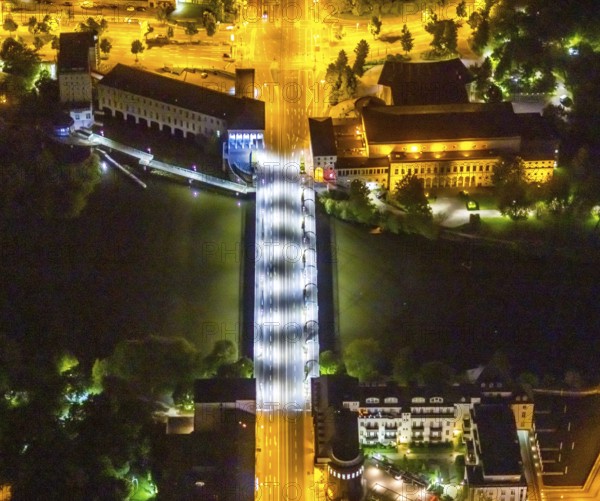 Aerial view, castle bridge over the river Ruhr, civic hall Mülheim, RWW Rheinisch-Westfälische Wasserwerksgesellschaft, Altstadt I, Mülheim an der Ruhr, Ruhr area, North Rhine-Westphalia, Germany, bridge, DE, twilight photography, Europe, culture, art, light pollution, aerial photograph, aerial photography, aerial photography, night, night photography, night flight, overview, events, venue, event location, bird's eye view, illuminated streets, birds-eyes view, blue light, cultural use, nightflight, overview