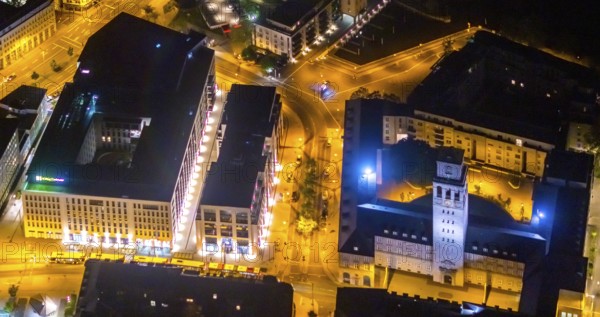 Aerial view, historic town hall, Altstadt I, Mülheim an der Ruhr, Ruhr area, North Rhine-Westphalia, Germany, authority, DE, twilight photography, Europe, light pollution, aerial photography, aerial photography, night, night shot, night flight, town hall, tower, overview, administrative building complex, bird's eye view, illuminated streets, birds-eyes view, nightflight, overview