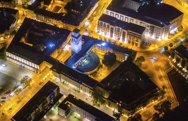 Aerial view, historic town hall, Altstadt I, Mülheim an der Ruhr, Ruhr area, North Rhine-Westphalia, Germany, authority, DE, twilight photography, Europe, light pollution, aerial photography, aerial photography, night, night shot, night flight, town hall, tower, overview, administrative building complex, bird's eye view, illuminated streets, birds-eyes view, nightflight, overview
