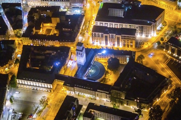 Aerial view, historic town hall, Altstadt I, Mülheim an der Ruhr, Ruhr area, North Rhine-Westphalia, Germany, authority, DE, twilight photography, Europe, light pollution, aerial photography, aerial photography, night, night shot, night flight, town hall, tower, overview, administrative building complex, bird's eye view, illuminated streets, birds-eyes view, nightflight, overview