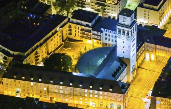 Aerial view, historic town hall, Altstadt I, Mülheim an der Ruhr, Ruhr area, North Rhine-Westphalia, Germany, authority, DE, twilight photography, Europe, light pollution, aerial photography, aerial photography, night, night shot, night flight, town hall, tower, overview, administrative building complex, bird's eye view, illuminated streets, birds-eyes view, nightflight, overview