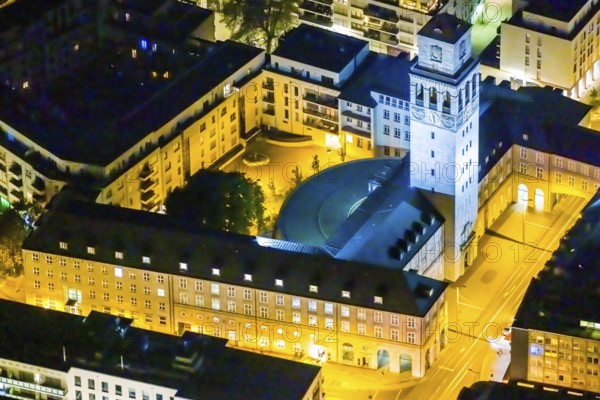 Aerial view, historic town hall, Altstadt I, Mülheim an der Ruhr, Ruhr area, North Rhine-Westphalia, Germany, authority, DE, twilight photography, Europe, light pollution, aerial photography, aerial photography, night, night shot, night flight, town hall, tower, overview, administrative building complex, bird's eye view, illuminated streets, birds-eyes view, nightflight, overview