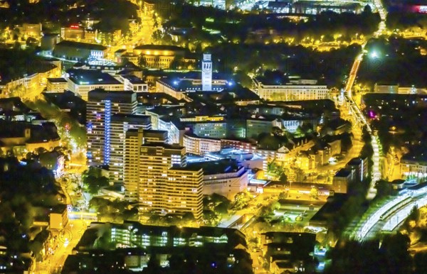 Aerial view, Technical Town Hall and Forum City Mülheim shopping centre Hans-Böckler-Platz, historic town hall, Altstadt II, Mülheim an der Ruhr, Ruhr area, North Rhine-Westphalia, Germany, authority, DE, twilight photography, shopping centre, shopping square, shopping centre, Europe, central station, skyscrapers, light pollution, aerial view, aerial photography, aerial photography, night, night shot, night flight, cycle highway, town hall, shopping, shopping centre, tower, overview, bird's-eye view, illuminated streets, birds-eyes view, nightflight, overview