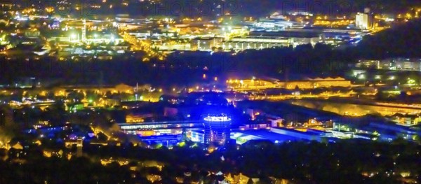 Aerial view, Geneba Industrial Park, Siemens tower office with blue lighting, Altstadt II, Mülheim an der Ruhr, Ruhr area, North Rhine-Westphalia, Germany, DE, twilight photography, Europe, commercial enterprises, commercial area, commercial area, commercial location, commercial use, industrial area, industrial location, light pollution, aerial photography, aerial photography, aerial photography, night, night photography, night flight, tower, tower Genebau Bau 20, overview, bird's eye view, illuminated streets, birds-eyes view, nightflight, overview
