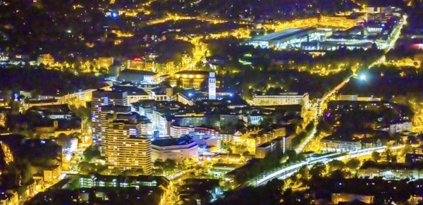 Aerial view, Technical Town Hall and Forum City Mülheim shopping centre Hans-Böckler-Platz, historic town hall, Altstadt II, Mülheim an der Ruhr, Ruhr area, North Rhine-Westphalia, Germany, authority, DE, twilight photography, shopping centre, shopping square, shopping centre, Europe, central station, skyscrapers, light pollution, aerial view, aerial photography, aerial photography, night, night shot, night flight, cycle highway, town hall, shopping, shopping centre, tower, overview, bird's-eye view, illuminated streets, birds-eyes view, nightflight, overview
