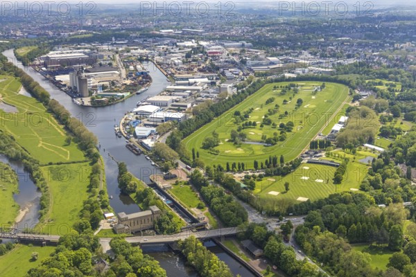 Aerial view, Raffelberg racecourse with golf course inside, Raffelberg lock, Raffelberg hydroelectric power station, Raffelberg bridge, Speldorf - Northwest, Mülheim an der Ruhr, Ruhr area, North Rhine-Westphalia, Germany, Akazienallee, bridge, DE, Europe, golf, golf course, golf club, Raffelberg golf club, golf course, golf meadow, power station, aerial view, aerial photography, aerial photography, equestrian sports, racecourse, Ruhrorter Straße, sport, overview, bird's-eye view, birds-eyes view, overview