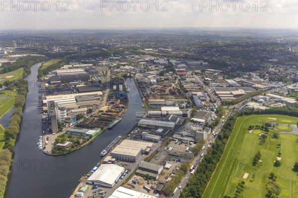 Aerial view, Rhine-Ruhr harbour Mülheim, shipping canal, Am Nordhafen, Rheinstraße, Speldorf, Mülheim an der Ruhr, Ruhr area, North Rhine-Westphalia, Germany, DE, Europe, commercial enterprises, commercial area, commercial area, commercial location, commercial use, harbour, industrial area, industrial location, aerial view, aerial photography, aerial photography, overview, bird's-eye view, overview