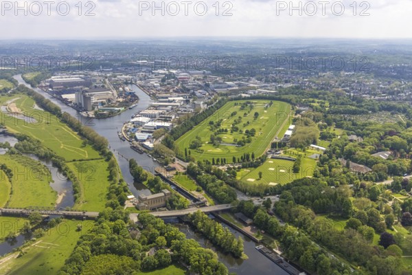 Aerial view, Raffelberg racecourse with golf course inside, Raffelberg lock, Raffelberg hydroelectric power station, Raffelberg bridge, Speldorf - Northwest, Mülheim an der Ruhr, Ruhr area, North Rhine-Westphalia, Germany, Akazienallee, bridge, DE, Europe, golf, golf course, golf club, Raffelberg golf club, golf course, golf meadow, power station, aerial view, aerial photography, aerial photography, equestrian sports, racecourse, Ruhrorter Straße, sport, overview, bird's-eye view, birds-eyes view, overview