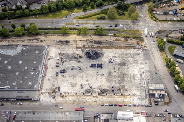 Aerial view, construction site harbour centre after real market fire, industrial area at Weseler Straße, Speldorf, Mülheim an der Ruhr, Ruhr area, North Rhine-Westphalia, Germany, construction work, construction area, construction site, construction project, construction site, DE, Europe, aerial view, aerial photography, aerial photography, overview, bird's-eye view, overview