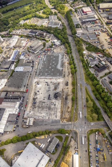 Aerial view, construction site harbour centre after real market fire, industrial area at Weseler Straße, Speldorf, Mülheim an der Ruhr, Ruhr area, North Rhine-Westphalia, Germany, construction work, construction area, construction site, construction project, construction site, DE, Europe, aerial view, aerial photography, aerial photography, overview, bird's-eye view, overview