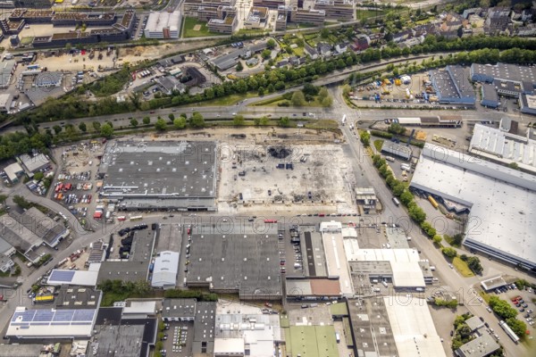 Aerial view, construction site harbour centre after real market fire, industrial area at Weseler Straße, Speldorf, Mülheim an der Ruhr, Ruhr area, North Rhine-Westphalia, Germany, construction work, construction area, construction site, construction project, construction site, DE, Europe, aerial view, aerial photography, aerial photography, overview, bird's-eye view, overview
