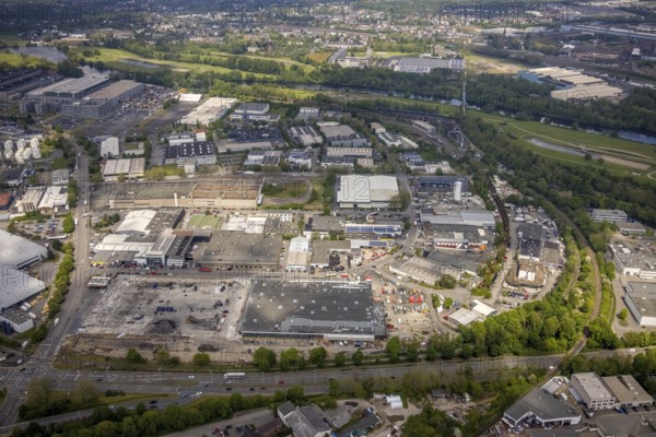 Aerial view, construction site harbour centre after real market fire, industrial area at Weseler Straße, Speldorf, Mülheim an der Ruhr, Ruhr area, North Rhine-Westphalia, Germany, construction work, construction area, construction site, construction project, construction site, DE, Europe, aerial view, aerial photography, aerial photography, overview, bird's-eye view, overview