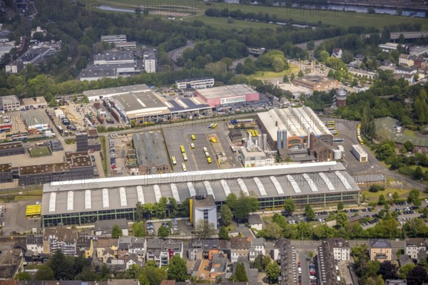 Aerial view, Ruhrbahn site, professional fire brigade, Zur Alten Dreherei, main workshop, Camera Obscura, Broich - Ost, Mülheim an der Ruhr, Ruhr area, North Rhine-Westphalia, Germany, DE, Europe, fire station, fire brigade, aerial view, aerial photography, aerial photography, overview, bird's-eye view, overview