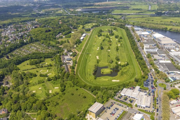 Aerial view, Raffelberg racecourse with golf course inside, Speldorf - Northwest, Mülheim an der Ruhr, Ruhr area, North Rhine-Westphalia, Germany, Akazienallee, DE, Europe, golf, golf course, golf club, Raffelberg golf club, golf course, golf meadow, aerial view, aerial photography, aerial photography, equestrian sports, racecourse, Ruhrorter Straße, sport, overview, bird's-eye view, overview