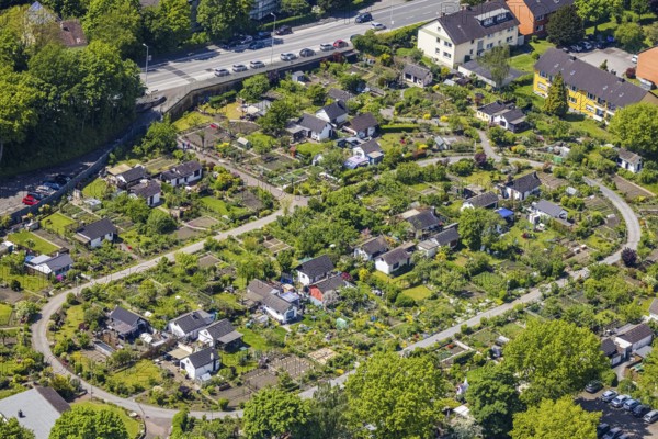 Aerial view, allotment garden site KGV Stollenhof, Saarner Straße, Speldorf, Mülheim an der Ruhr, Ruhr area, North Rhine-Westphalia, Germany, DE, Europe, community garden, allotment garden, allotment garden site, allotment garden association, allotment gardener association, aerial view, aerial photography, aerial photography, allotment garden, overview, bird's-eye view, overview