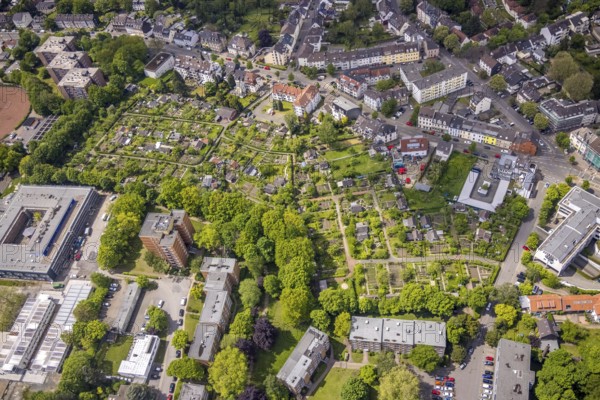 Aerial view, allotment garden association Heisterbusch, Broich - Ost, Mülheim an der Ruhr, Ruhr area, North Rhine-Westphalia, Germany, DE, Europe, community garden, high-rise building, allotment garden, allotment garden site, allotment garden association, aerial view, aerial photography, aerial photography, allotment garden, overview, bird's-eye view, overview