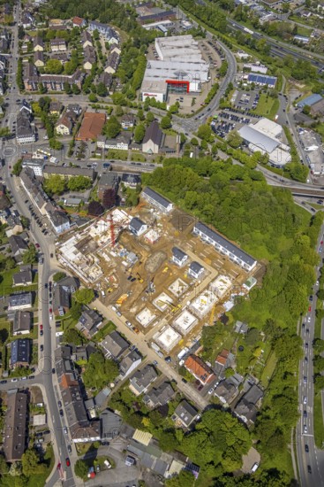 Aerial view, construction site and new building residential area Rudolf-Harbig-Straße, Heißen - Mitte, Mülheim an der Ruhr, Ruhr area, North Rhine-Westphalia, Germany, construction work, construction area, construction site, building plots, construction crane, construction project, construction site, property developer Wilma Wohnen, DE, Europe, property tax, real estate, aerial view, aerial photography, aerial photography, new building, overview, bird's-eye view, residential estate, living and living, residential area, residential buildings, residential quality, residential neighbourhood, housing estate, birds-eyes view, overview