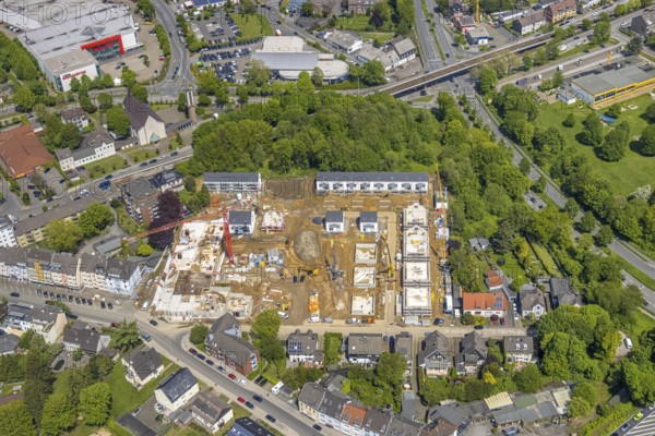 Aerial view, construction site and new building residential area Rudolf-Harbig-Straße, Heißen - Mitte, Mülheim an der Ruhr, Ruhr area, North Rhine-Westphalia, Germany, construction work, construction area, construction site, building plots, construction crane, construction project, construction site, property developer Wilma Wohnen, DE, Europe, property tax, real estate, aerial view, aerial photography, aerial photography, new building, overview, bird's-eye view, residential estate, living and living, residential area, residential buildings, residential quality, residential neighbourhood, housing estate, birds-eyes view, overview