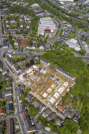 Aerial view, construction site and new building residential area Rudolf-Harbig-Straße, Heißen - Mitte, Mülheim an der Ruhr, Ruhr area, North Rhine-Westphalia, Germany, construction work, construction area, construction site, building plots, construction crane, construction project, construction site, property developer Wilma Wohnen, DE, Europe, property tax, real estate, aerial view, aerial photography, aerial photography, new building, overview, bird's-eye view, residential estate, living and living, residential area, residential buildings, residential quality, residential neighbourhood, housing estate, birds-eyes view, overview