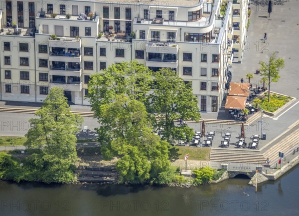 Aerial view, Ruhrpromenade Mülheim, outdoor catering, Altstadt I, Mülheim an der Ruhr, Ruhr area, North Rhine-Westphalia, Germany, Altstadt, Corona crisis, Corona measures, Corona virus, Covid-19, DE, Europe, gastronomy, aerial view, aerial photography, aerial photography, Ruhrpromenade, overview, bird's-eye view, overview