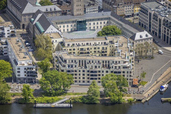 Aerial view, Ruhrpromenade Mülheim, outdoor catering, town hall, Altstadt I, Mülheim an der Ruhr, Ruhr area, North Rhine-Westphalia, Germany, Altstadt, authority, Corona crisis, Corona measures, Corona virus, Covid-19, DE, Europe, gastronomy, aerial view, aerial photography, aerial photography, Ruhrpromenade, overview, bird's-eye view, bird's-eye view, overview