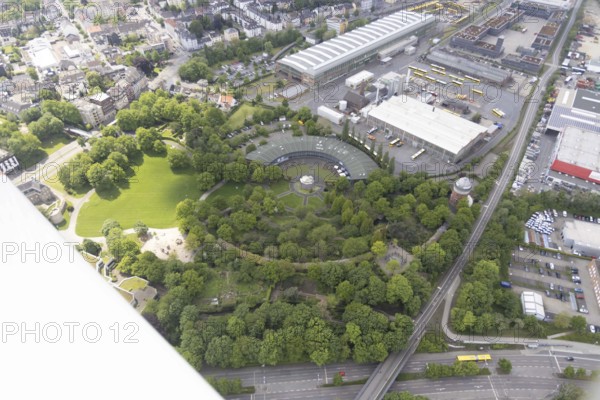 Aerial view, roundhouse in the park at Broich Castle, Camera Obscura, Broich - Ost, Mülheim an der Ruhr, Ruhr area, North Rhine-Westphalia, Germany, DE, Darlington Park, Europe, leisure facility, green area, aerial view, aerial photography, aerial photography, museum, MüGa-Park, Ruhrbahn AG Aufstellhalle, sight, tower, overview, bird's-eye view, walk-in camera obscura, birds-eyes view, overview