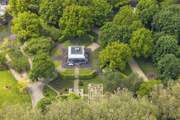 Aerial view, Tourainer Pavilion in Tourainer Garden, Broich - East, Mülheim an der Ruhr, Ruhr area, North Rhine-Westphalia, Germany, DE, Europe, aerial view, aerial photography, aerial photography, overview, venue, event location, bird's eye view, birds-eyes view, cultural use, overview