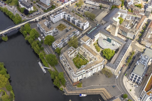 Aerial view, town hall and Ruhr promenade Mülheim, outdoor catering, Altstadt I, Mülheim an der Ruhr, Ruhr area, North Rhine-Westphalia, Germany, Altstadt, authority, Corona crisis, Corona measures, Corona virus, Covid-19, DE, Europe, gastronomy, aerial view, aerial photography, aerial photography, town hall, Ruhr promenade, overview, bird's-eye view, bird's-eye view, overview