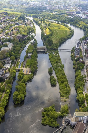 Aerial view, hydroelectric power station Kahlenberg of RWW Speldorf, Mülheim an der Ruhr, Ruhr area, North Rhine-Westphalia, Germany, DE, Europe, canal, power station, aerial view, aerial photography, aerial photography, lock, overview, bird's-eye view, overview