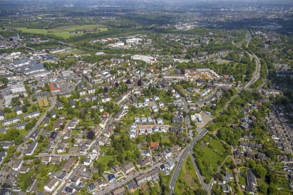 Aerial view, site view, construction site and new construction residential area Rudolf-Harbig-Straße, Heißen - Mitte, Mülheim an der Ruhr, Ruhr area, North Rhine-Westphalia, Germany, construction work, construction area, building site, building plots, construction crane, construction project, construction site, property developer Wilma Wohnen, DE, Europe, property tax, real estate, aerial view, aerial photography, aerial photography, new building, overview, bird's-eye view, residential estate, living and living, residential area, residential buildings, residential quality, residential neighbourhood, housing estate, birds-eyes view, overview