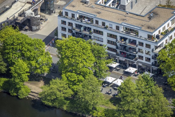 Aerial view, Ruhrpromenade Mülheim, outdoor catering, Altstadt I, Mülheim an der Ruhr, Ruhr area, North Rhine-Westphalia, Germany, Altstadt, Corona crisis, Corona measures, Corona virus, Covid-19, DE, Europe, gastronomy, aerial view, aerial photography, aerial photography, Ruhrpromenade, overview, bird's-eye view, overview