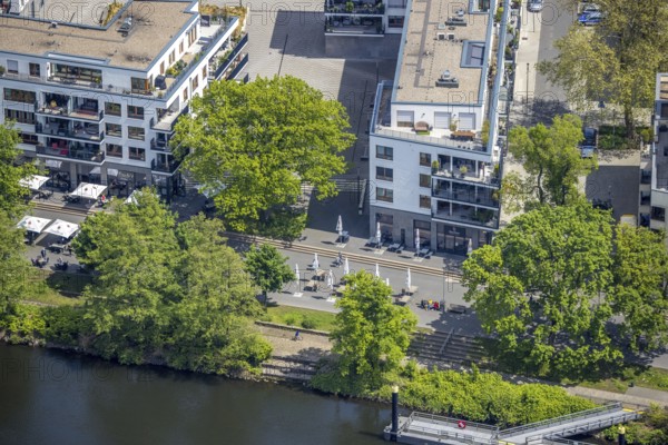 Aerial view, Ruhrpromenade Mülheim, outdoor catering, Altstadt I, Mülheim an der Ruhr, Ruhr area, North Rhine-Westphalia, Germany, Altstadt, Corona crisis, Corona measures, Corona virus, Covid-19, DE, Europe, gastronomy, aerial view, aerial photography, aerial photography, Ruhrpromenade, overview, bird's-eye view, overview