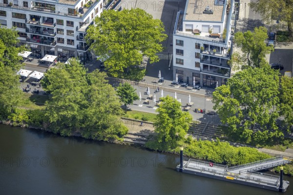 Aerial view, Ruhrpromenade Mülheim, outdoor catering, Altstadt I, Mülheim an der Ruhr, Ruhr area, North Rhine-Westphalia, Germany, Altstadt, Corona crisis, Corona measures, Corona virus, Covid-19, DE, Europe, gastronomy, aerial view, aerial photography, aerial photography, Ruhrpromenade, overview, bird's-eye view, overview