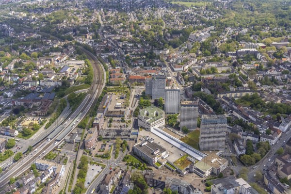 Aerial view, Forum City Mülheim, Hans-Böckler-Platz, Mülheim main station, Altstadt I - Südost, Mülheim an der Ruhr, Ruhr area, North Rhine-Westphalia, Germany, Altstadt, Am central railway station, Bahnhof, DE, Deutsche Bahn AG, Europe, central railway station, Hbf, skyscrapers, aerial view, aerial photography, aerial photography, Technisches Rathaus, overview, bird's-eye view, birds-eyes view, overview