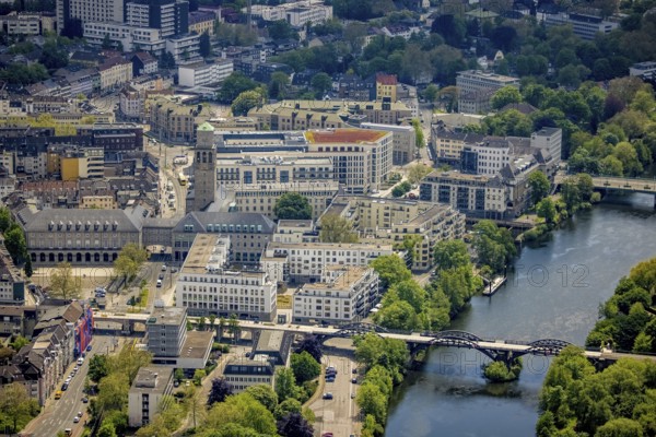 Aerial view, city hall, Ruhr promenade, city viaduct and Ruhr bridge on the river Ruhr, Altstadt I, Mülheim an der Ruhr, Ruhr area, North Rhine-Westphalia, Germany, authority, bridge, DE, Europe, Forum City Mülheim, aerial view, aerial photography, aerial photography, tower, overview, bird's-eye view, historic city hall, overview